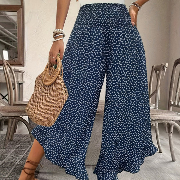Printed wide leg pants with high elastic waist and ruffle hem for women