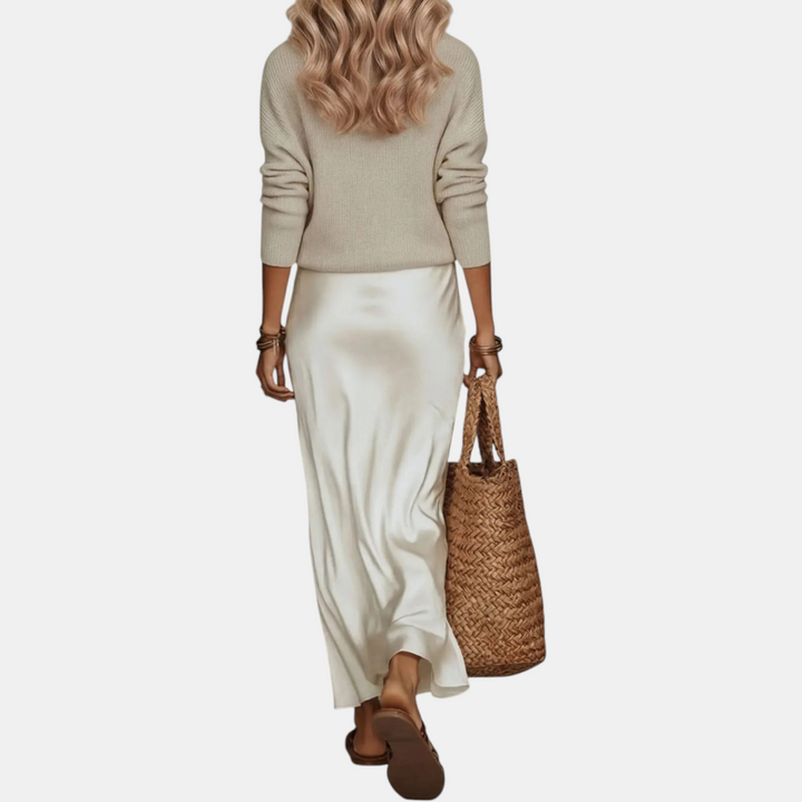 Knit sweater and satin midi skirt set two-piece for women
