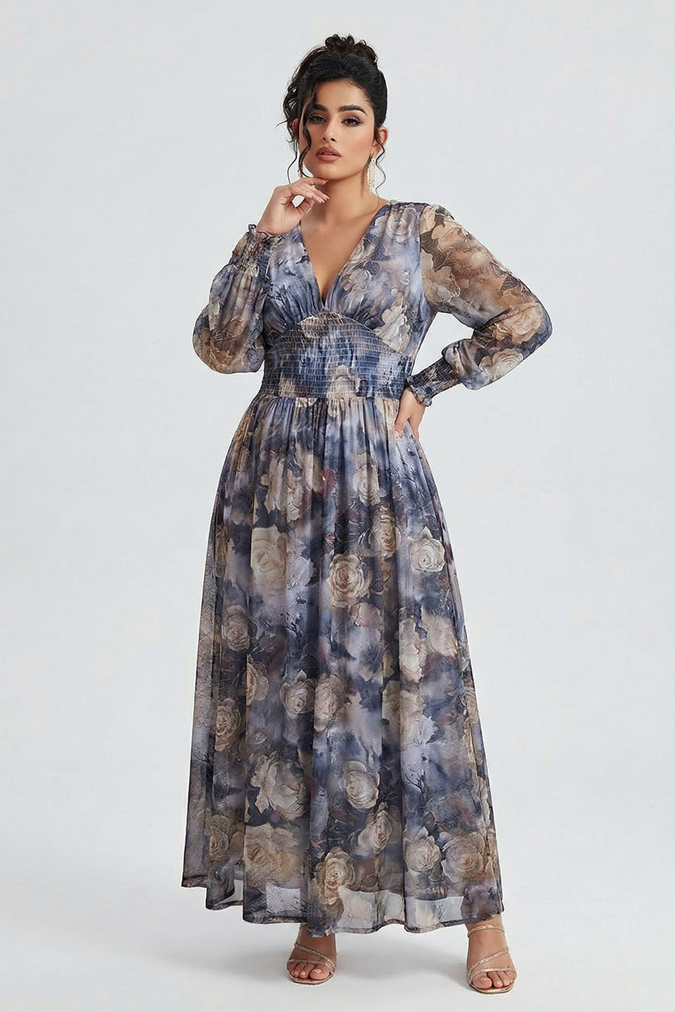 Plus size long sleeve maxi dress with floral waist for women