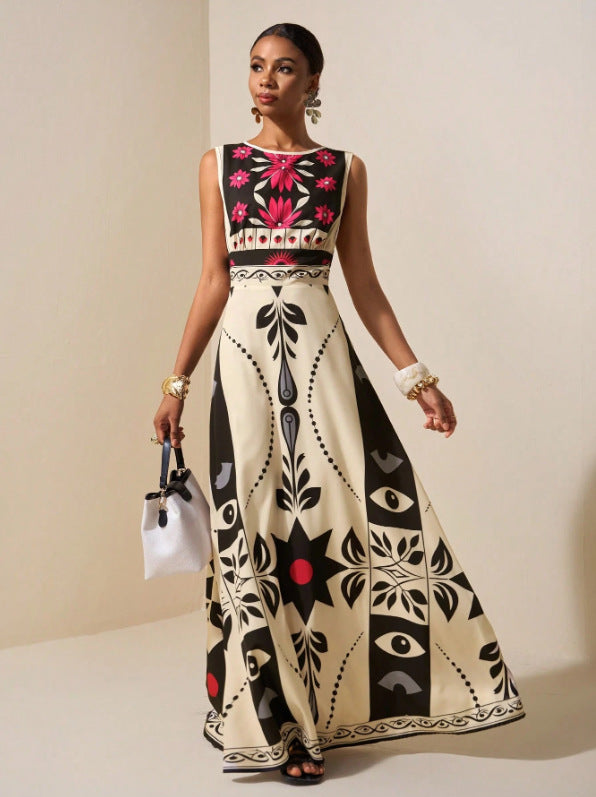 Maxi dress sleeveless with tropical art print for women