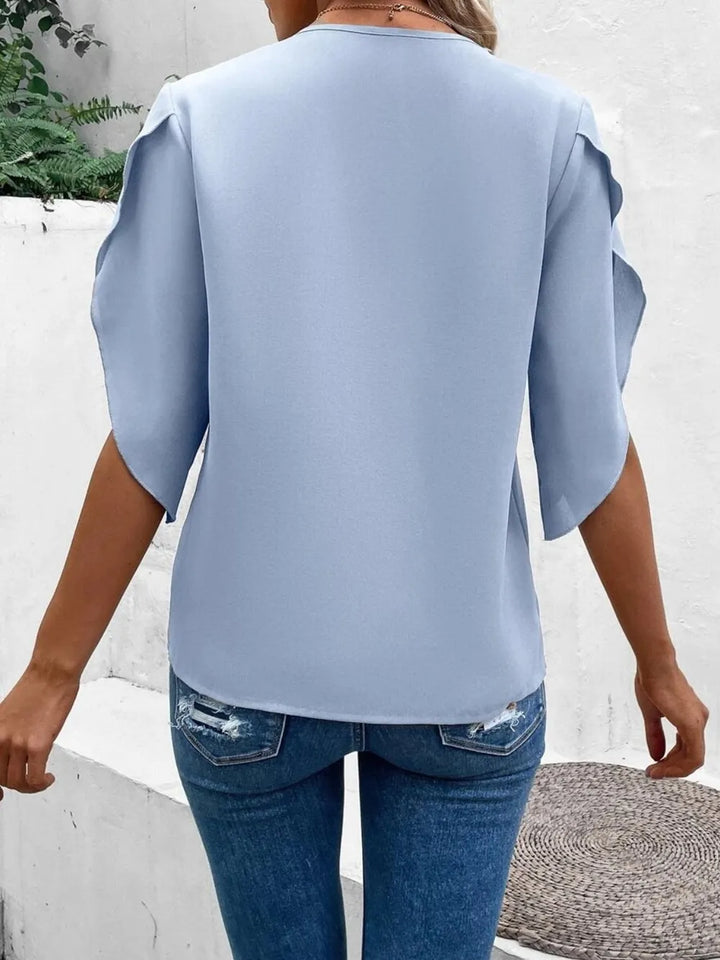 Lace trim V-neck blouse half sleeve for women