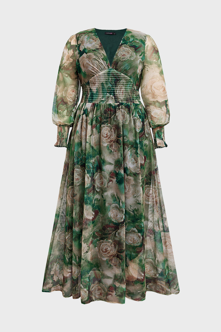 Plus size long sleeve maxi dress with floral waist for women