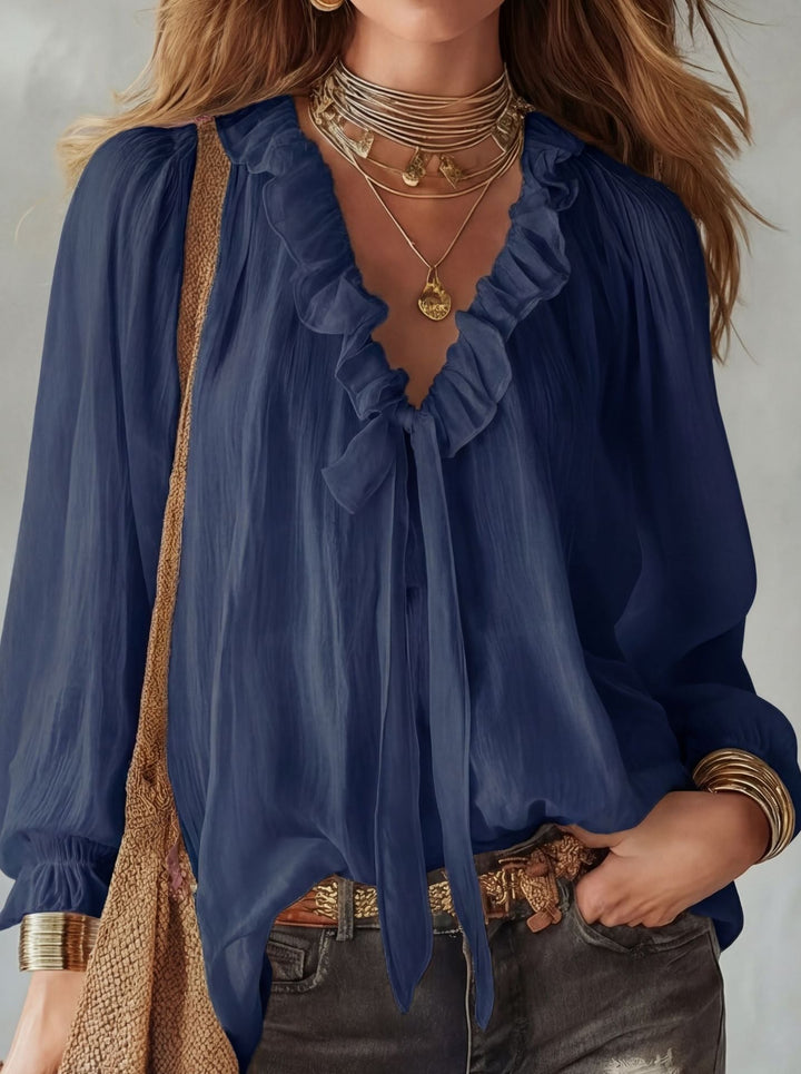 Ruffle tie neck blouse with lantern sleeves and crinkle texture for women