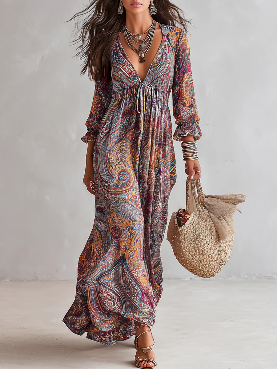 Paisley print v-neck maxi dress with tie waist for women