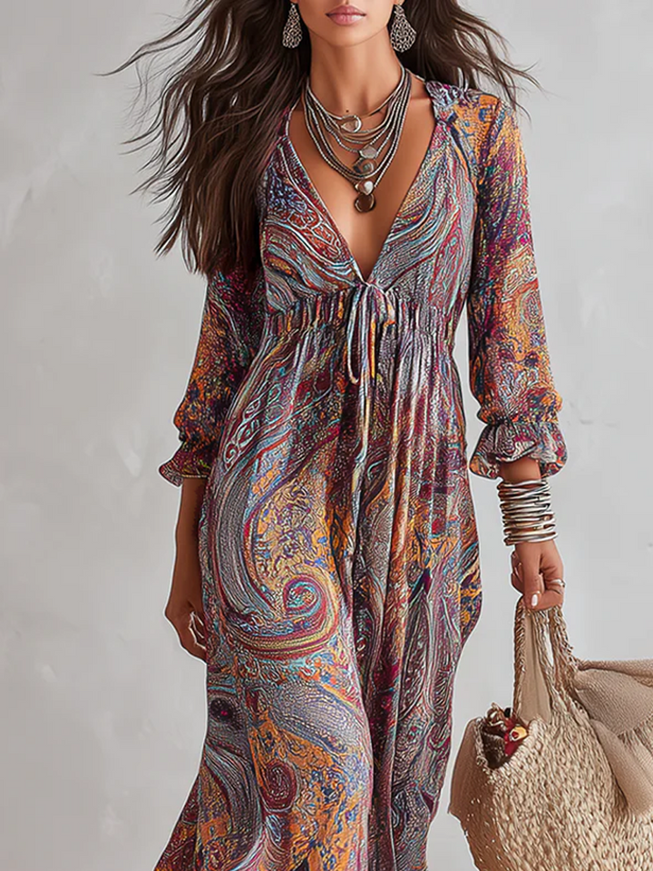 Paisley print v-neck maxi dress with tie waist for women
