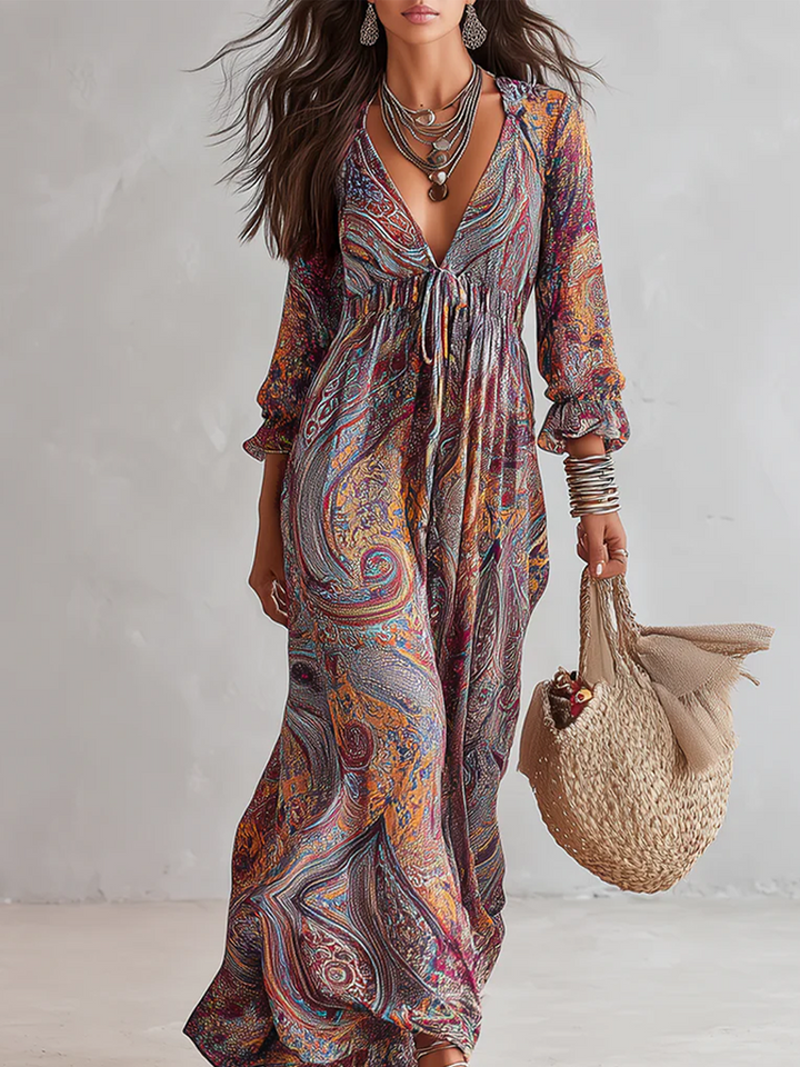 Paisley print v-neck maxi dress with tie waist for women