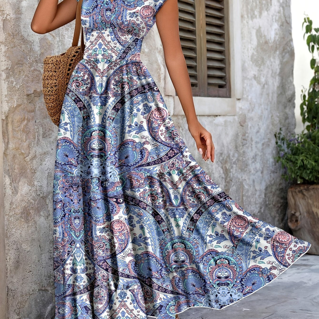 Paisley print maxi dress with gathered waist for women