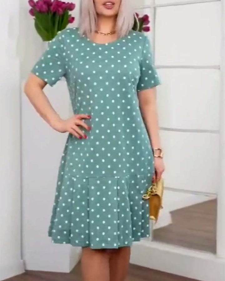 Polka dot dress knee length with buttons and short sleeves for women
