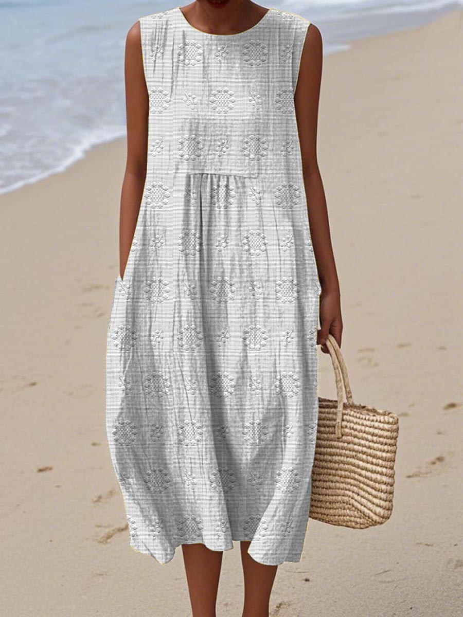Embroidered summer midi dress with hidden pockets for women