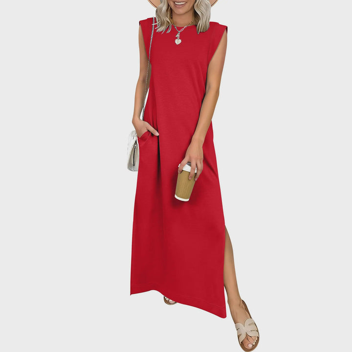 Sleeveless crew neck maxi dress with side pockets and slits for women