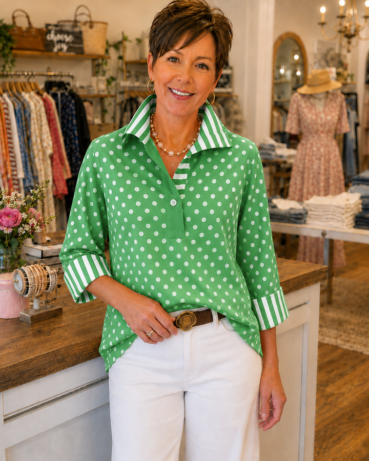 Cotton poplin polka dot blouse with striped collar for women