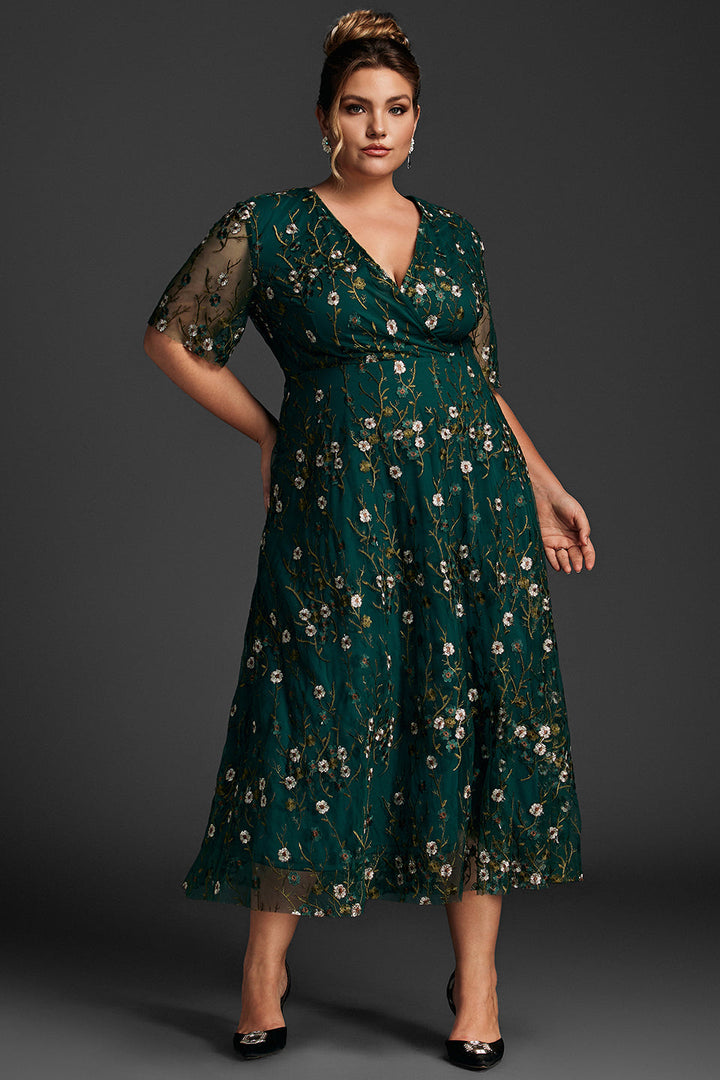 Plus size embroidered maxi dress with ruffle sleeves for women