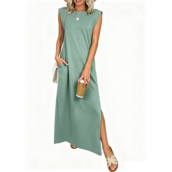 Sleeveless crew neck maxi dress with side pockets and slits for women