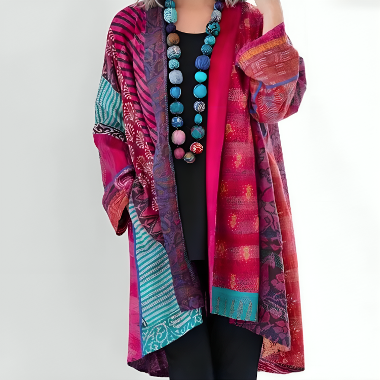 Patchwork print open front longline cardigan for women