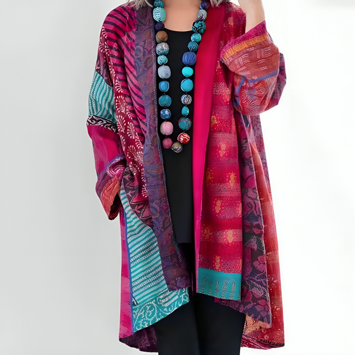 Patchwork print open front longline cardigan for women