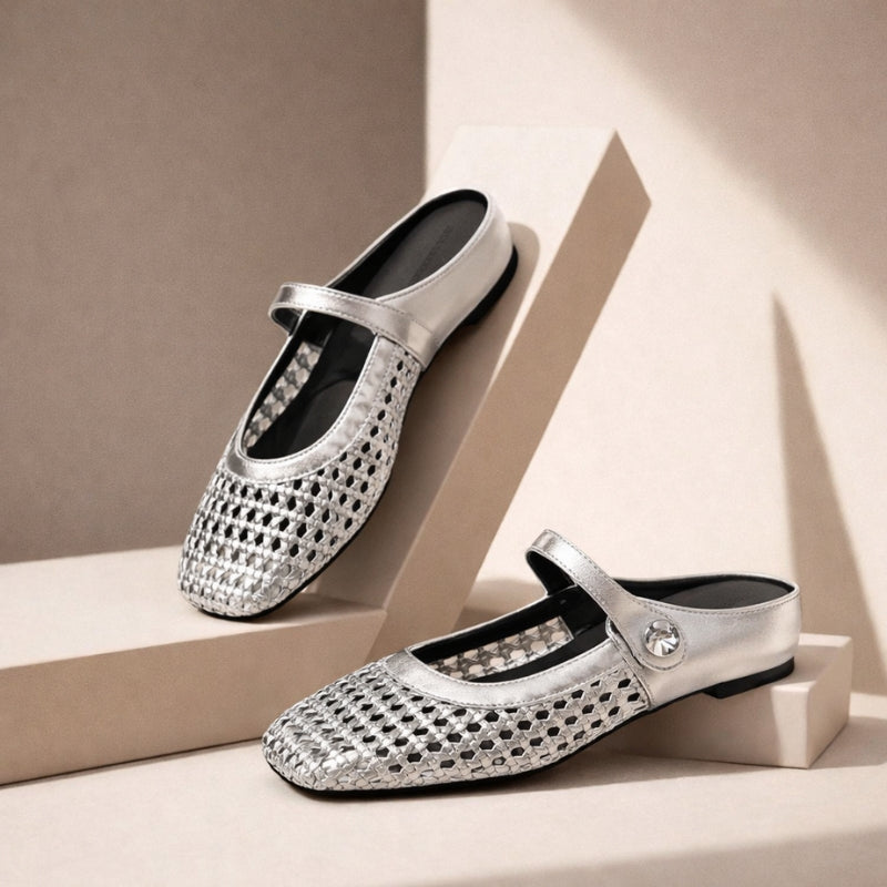 Woven mule flats with Mary Jane strap for women