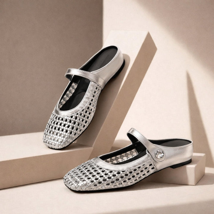 Woven mule flats with Mary Jane strap for women