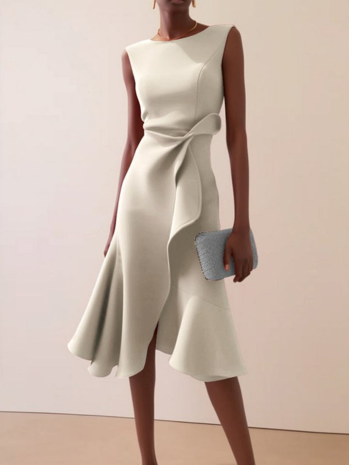 Sleeveless midi dress with ruffle asymmetric hem and crew neck for women