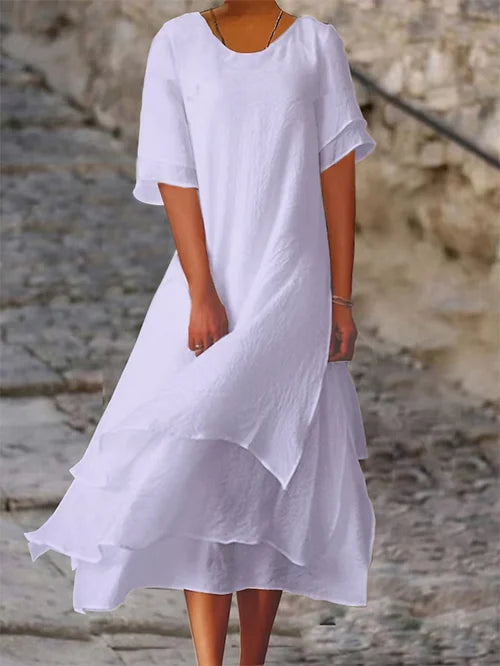 Colour-block double-layer dress with short sleeves and side slit for women