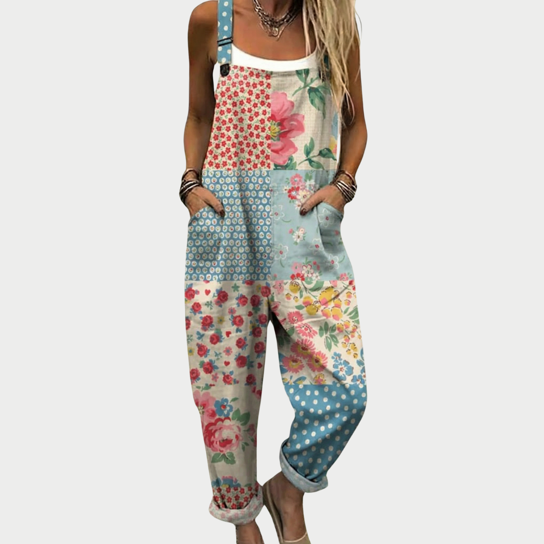 Floral patchwork jumpsuit with wide legs and adjustable straps for women