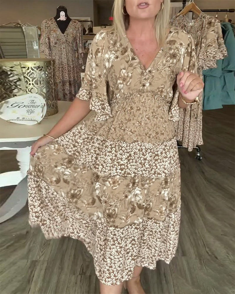 Floral maxi dress with V-neck and ruffle half sleeves for women