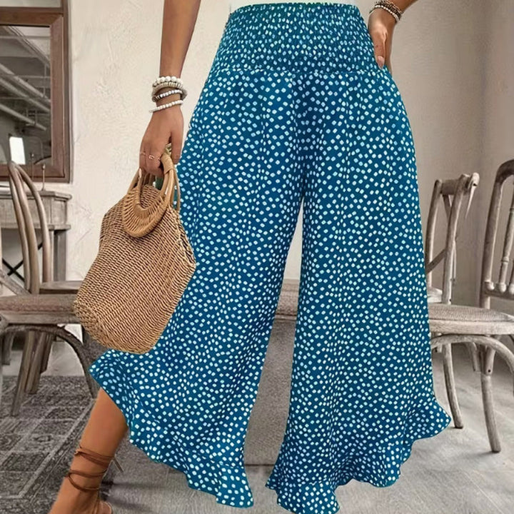 Printed wide leg pants with high elastic waist and ruffle hem for women
