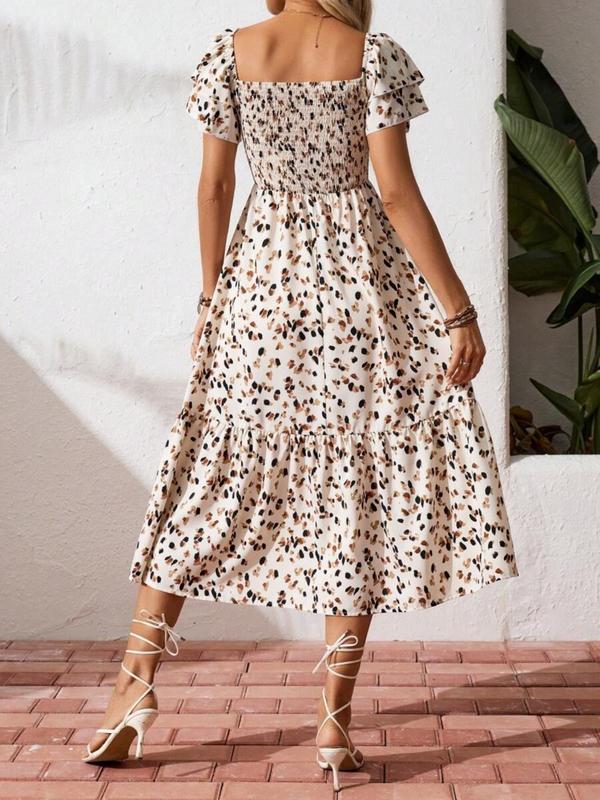 Square neck floral tiered midi dress for women