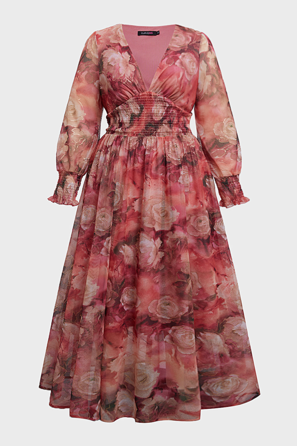 Plus size long sleeve maxi dress with floral waist for women