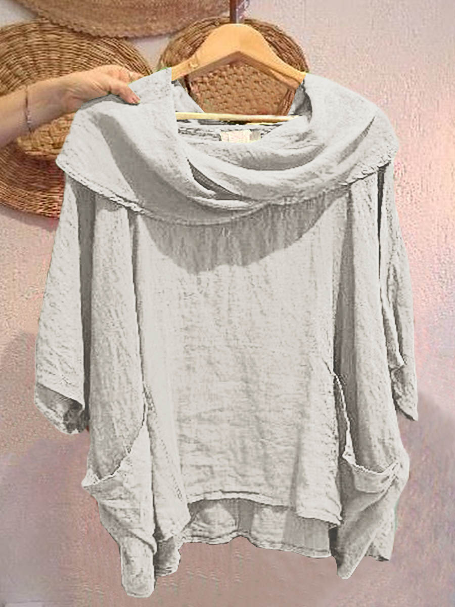 Cotton draped neck top with 3/4 sleeves and pockets for women
