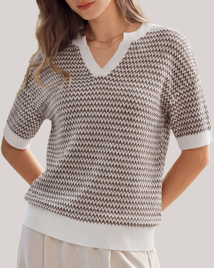 Striped cotton polo knit top with V-neck and short sleeves for women