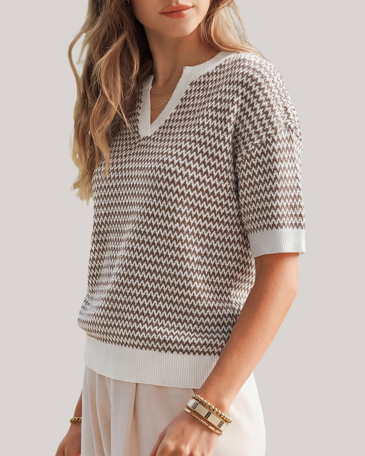 Striped cotton polo knit top with V-neck and short sleeves for women