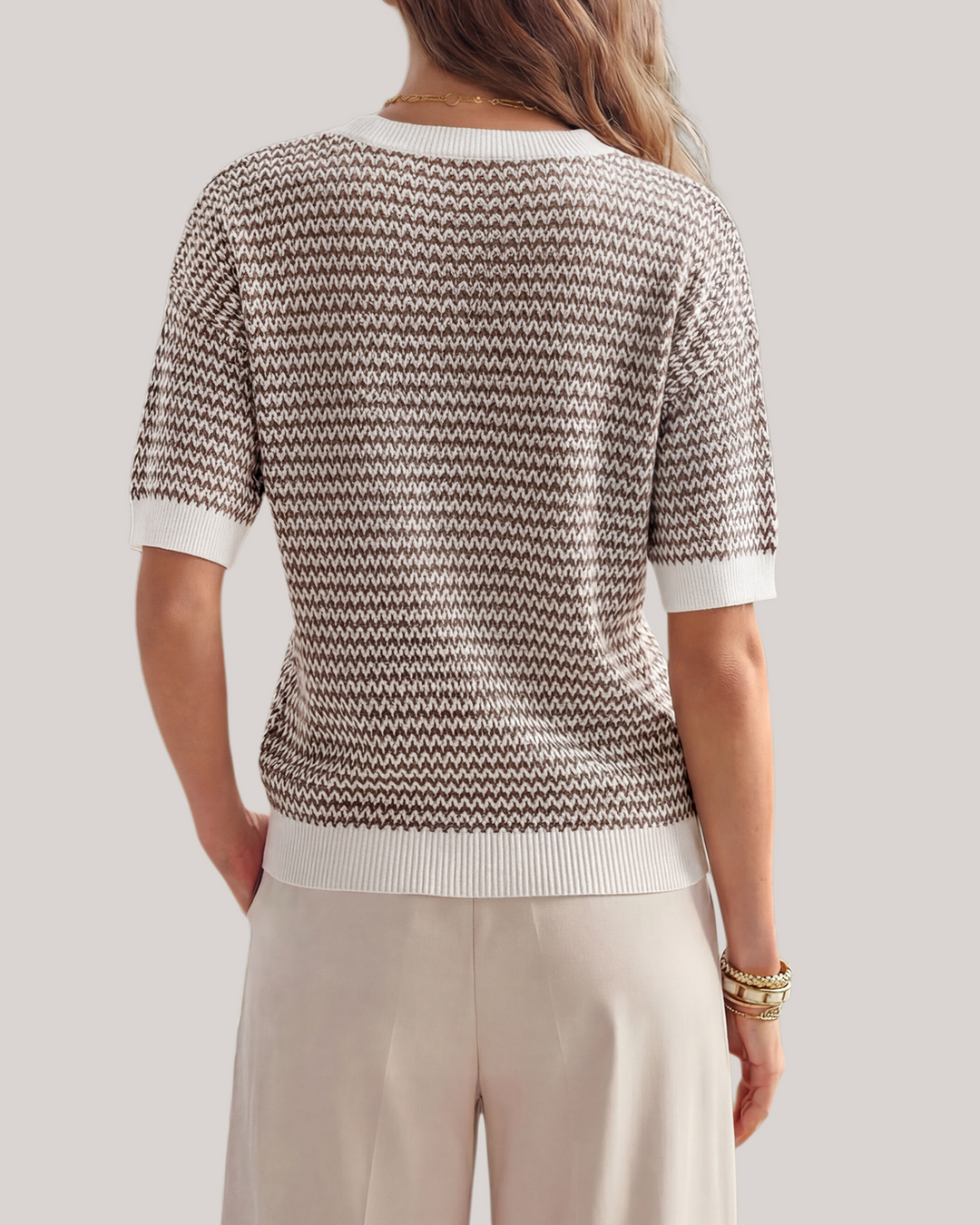 Striped cotton polo knit top with V-neck and short sleeves for women
