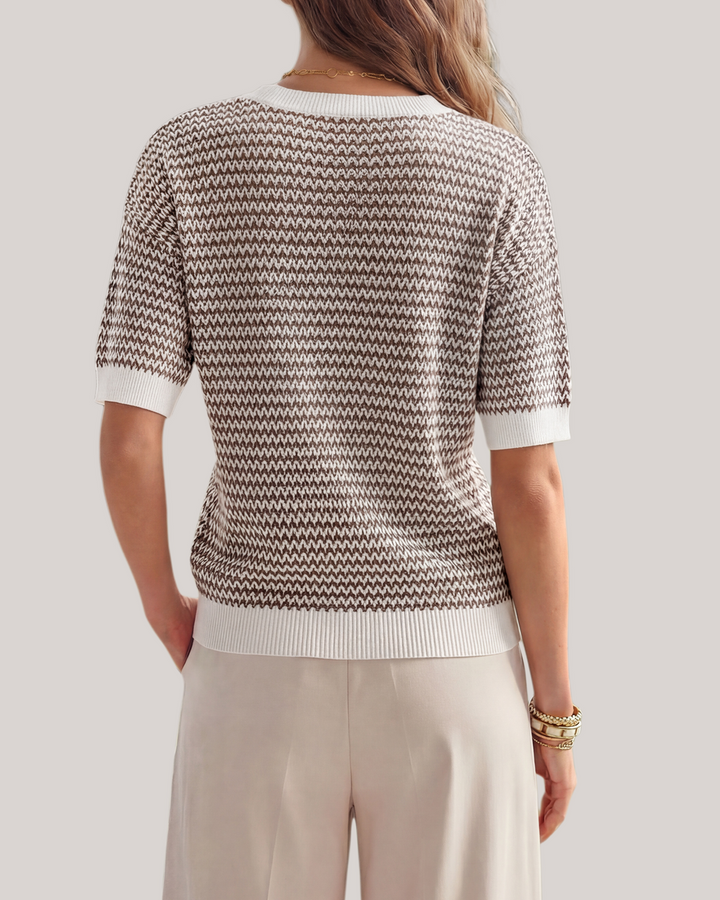 Striped cotton polo knit top with V-neck and short sleeves for women