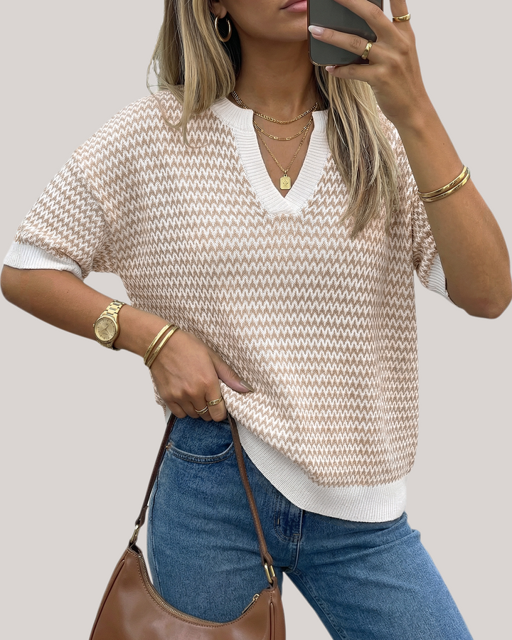 Striped cotton polo knit top with V-neck and short sleeves for women
