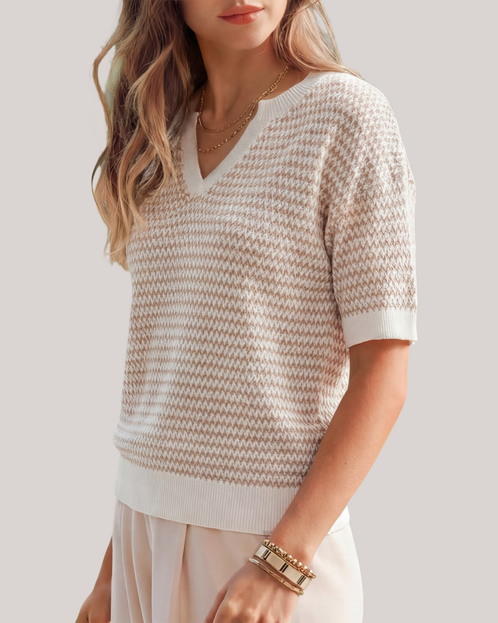 Striped cotton polo knit top with V-neck and short sleeves for women