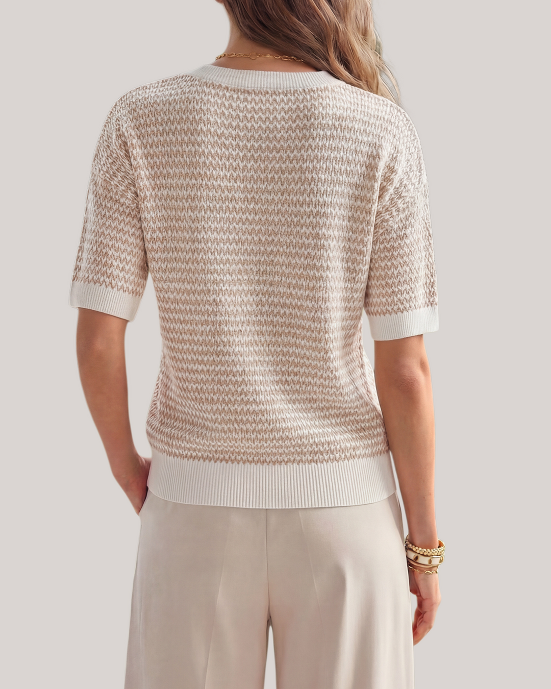 Striped cotton polo knit top with V-neck and short sleeves for women