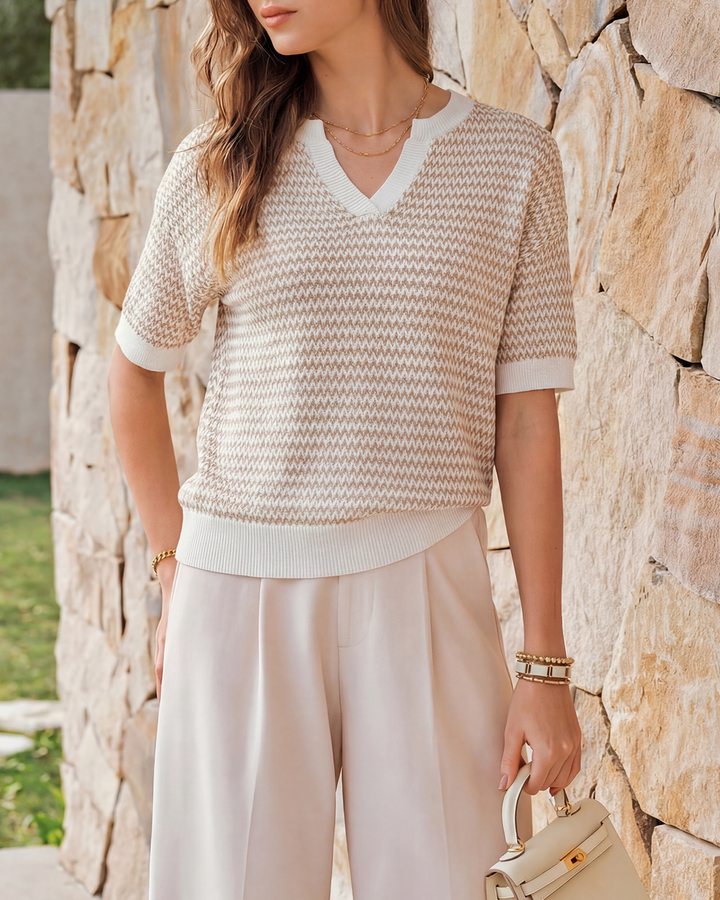 Striped cotton polo knit top with V-neck and short sleeves for women