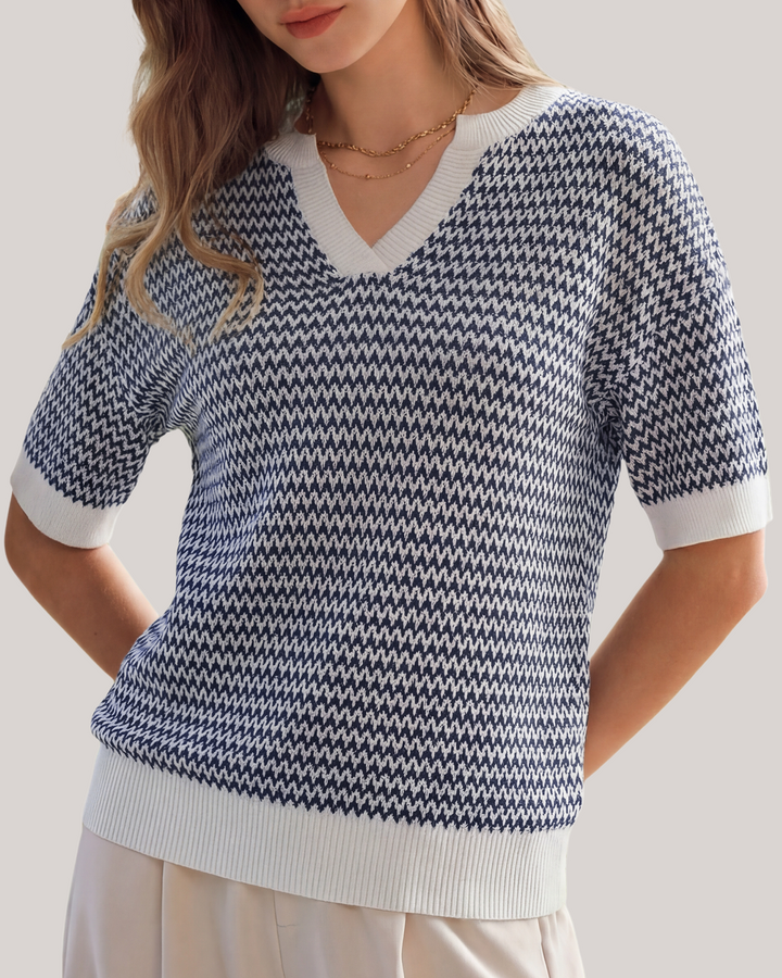 Striped cotton polo knit top with V-neck and short sleeves for women