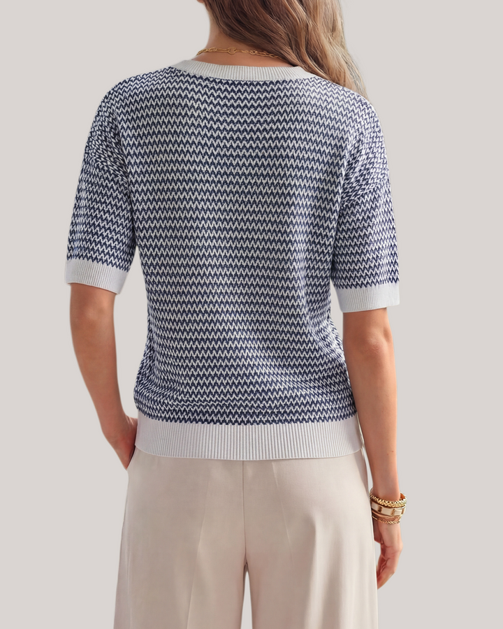 Striped cotton polo knit top with V-neck and short sleeves for women