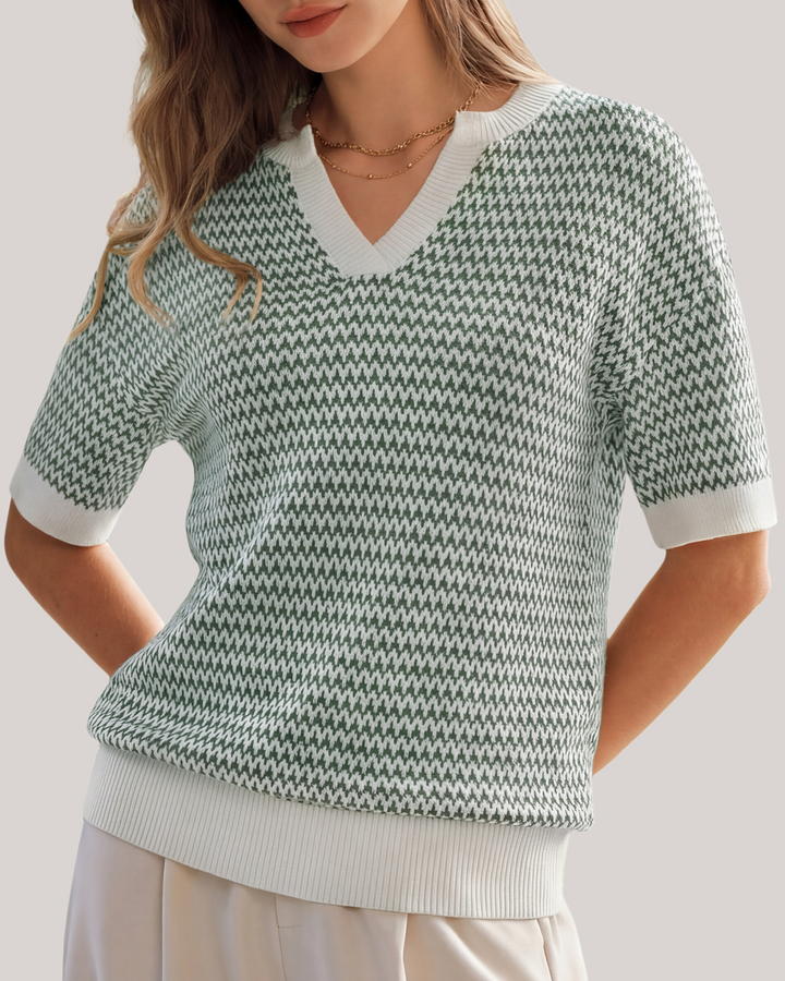 Striped cotton polo knit top with V-neck and short sleeves for women