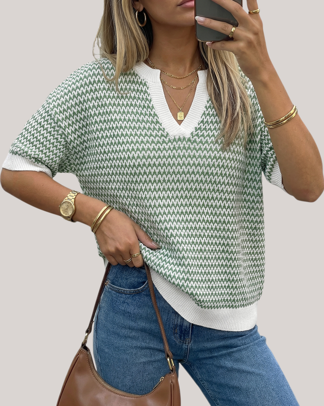 Striped cotton polo knit top with V-neck and short sleeves for women