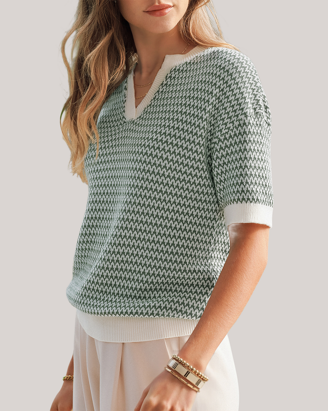 Striped cotton polo knit top with V-neck and short sleeves for women