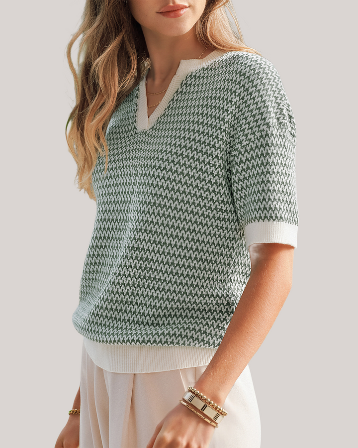 Striped cotton polo knit top with V-neck and short sleeves for women