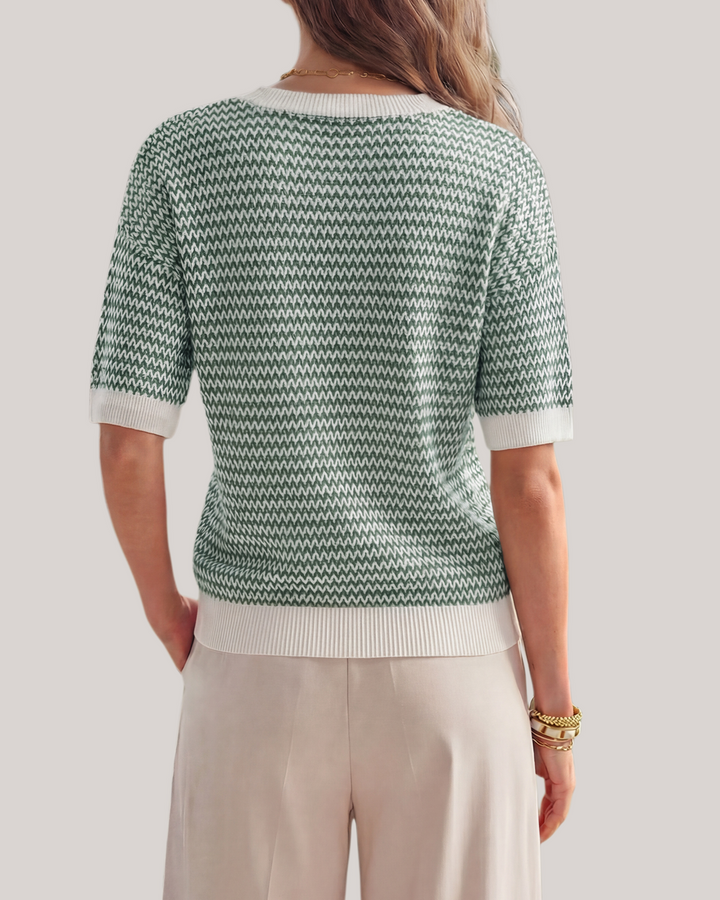 Striped cotton polo knit top with V-neck and short sleeves for women