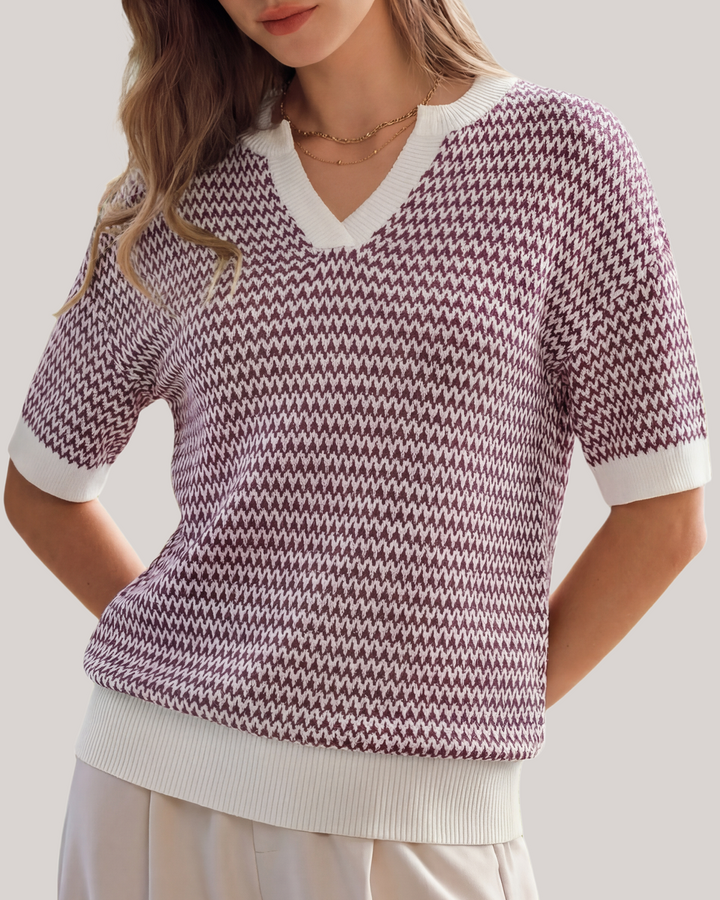 Striped cotton polo knit top with V-neck and short sleeves for women