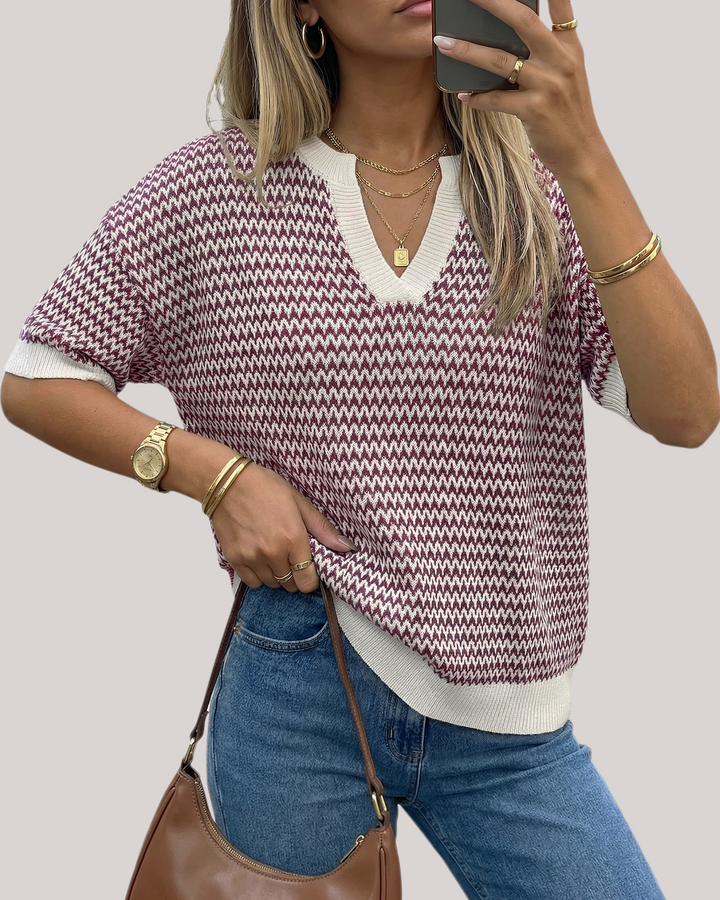 Striped cotton polo knit top with V-neck and short sleeves for women