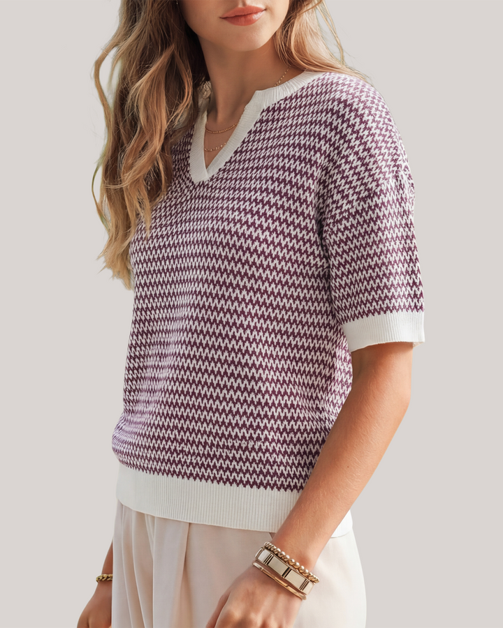 Striped cotton polo knit top with V-neck and short sleeves for women