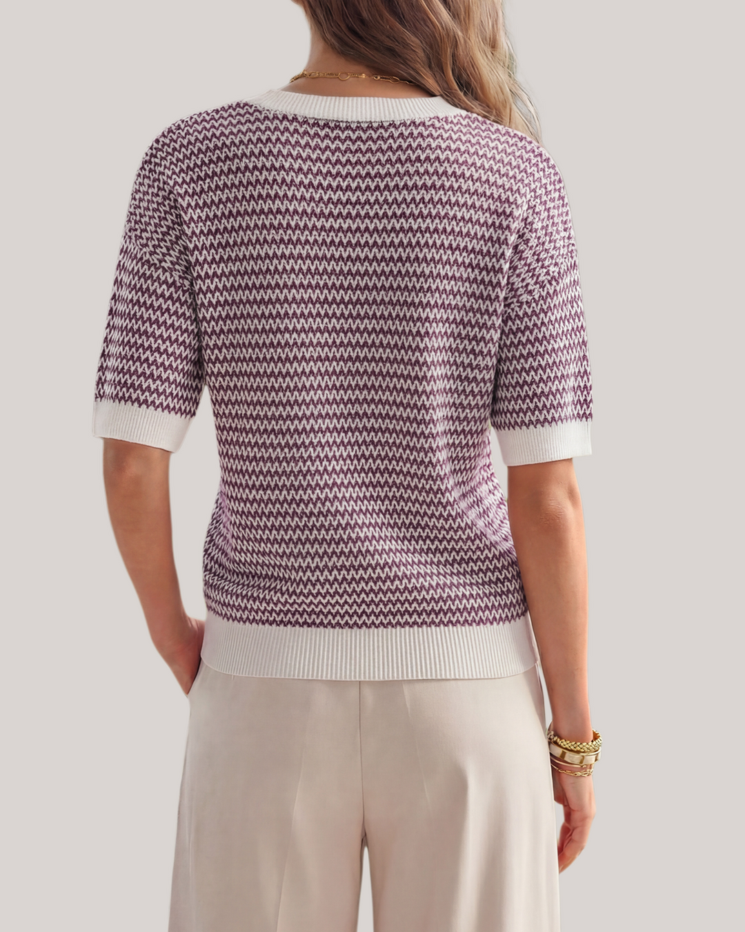 Striped cotton polo knit top with V-neck and short sleeves for women