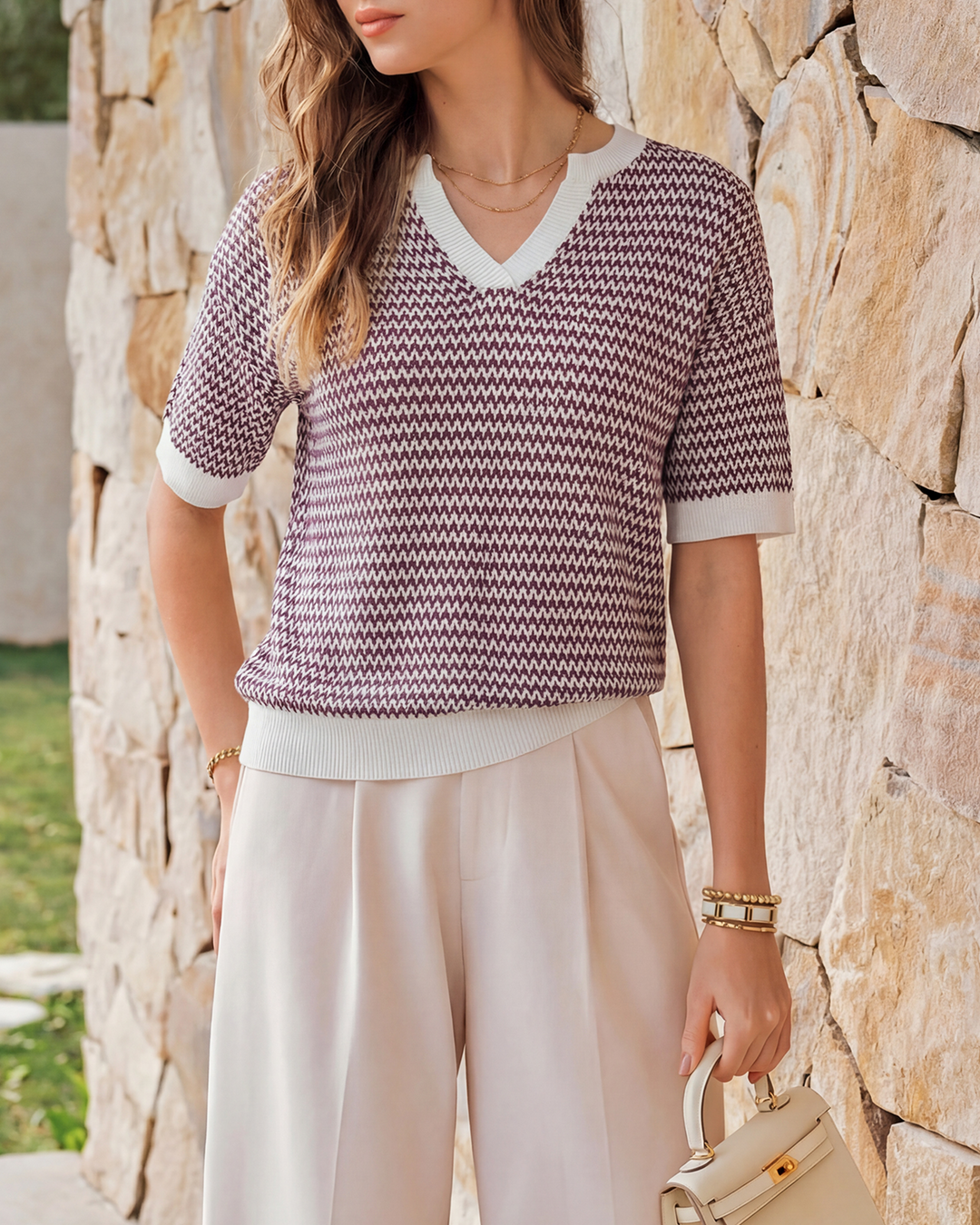 Striped cotton polo knit top with V-neck and short sleeves for women