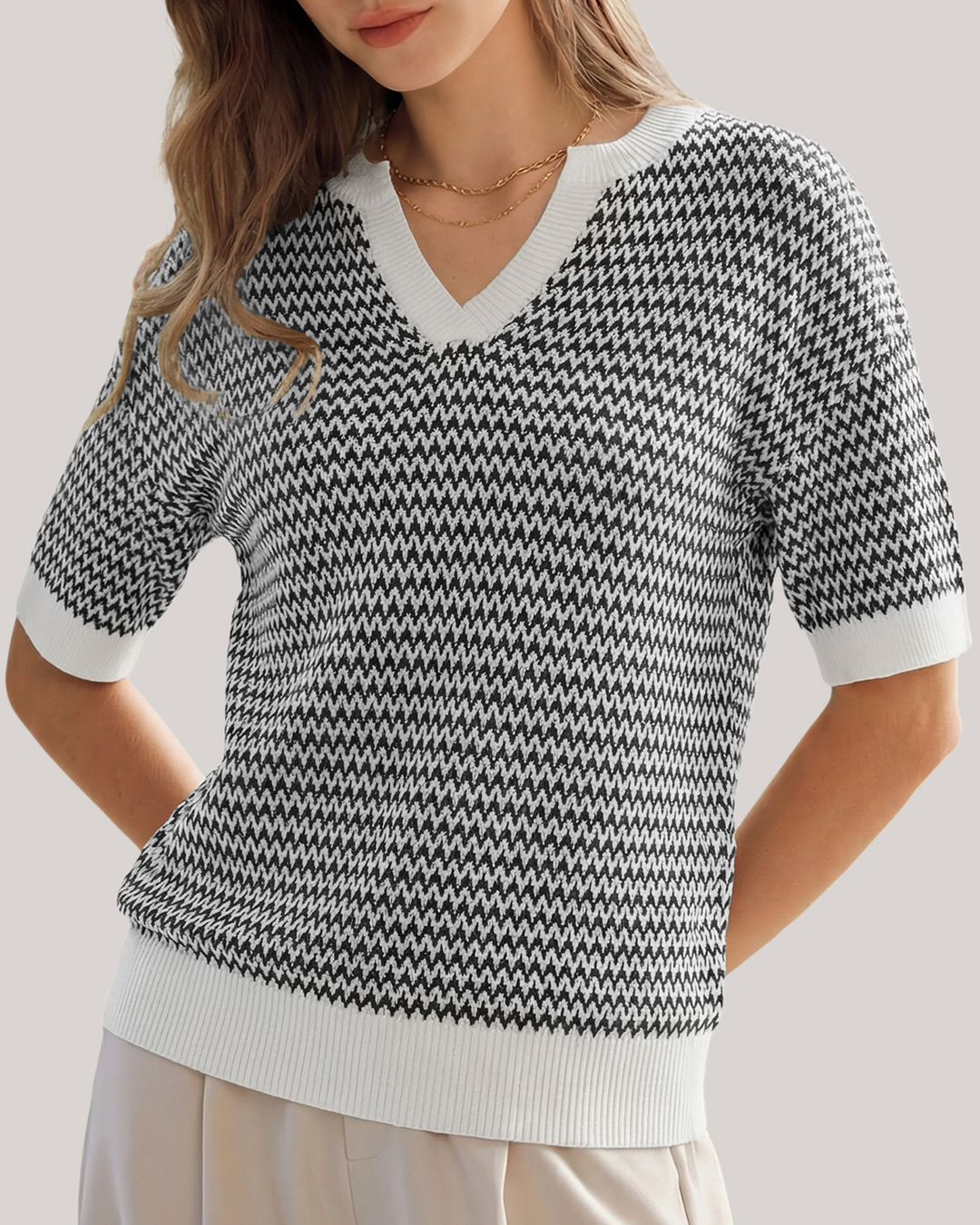 Striped cotton polo knit top with V-neck and short sleeves for women
